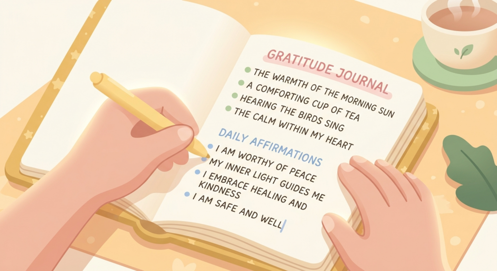 IMAGE: Person writing peacefully in a journal with soft morning light, creating a sense of calm and reflection

