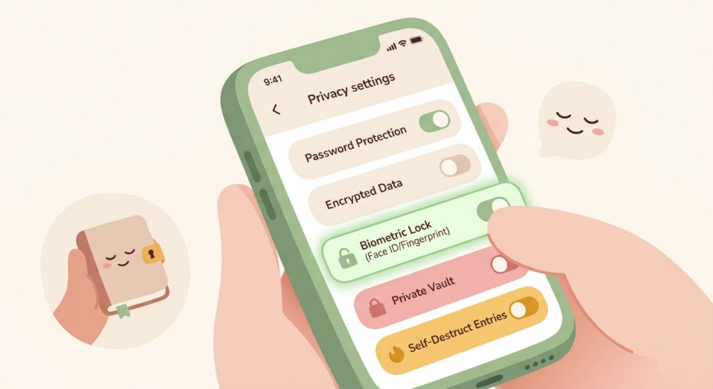 Smartphone showing a secure journaling app interface with privacy settings highlighted